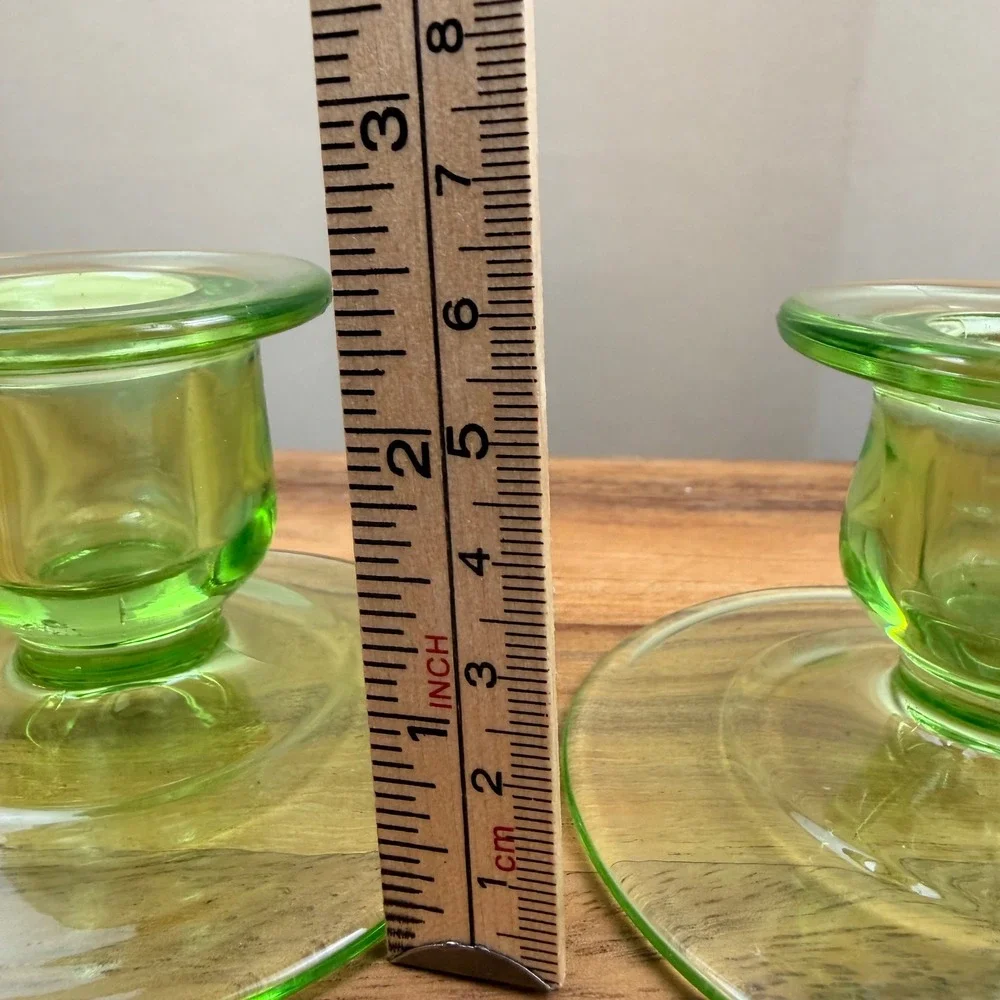 Vintage Uranium Glass Candlestick Holders‎ Green Vaseline Glass Set of 2 Glows